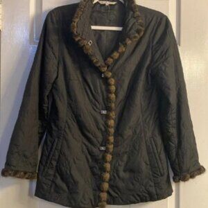 CABI PRICE REDUCTION QUILTED PEA COAT WITH FAUX FUR AMIMAL PRINT TRIM SIZE XS